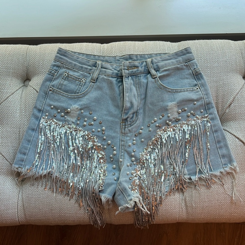 Denim beaded sequined fringe wide leg ripped jean shorts, size M